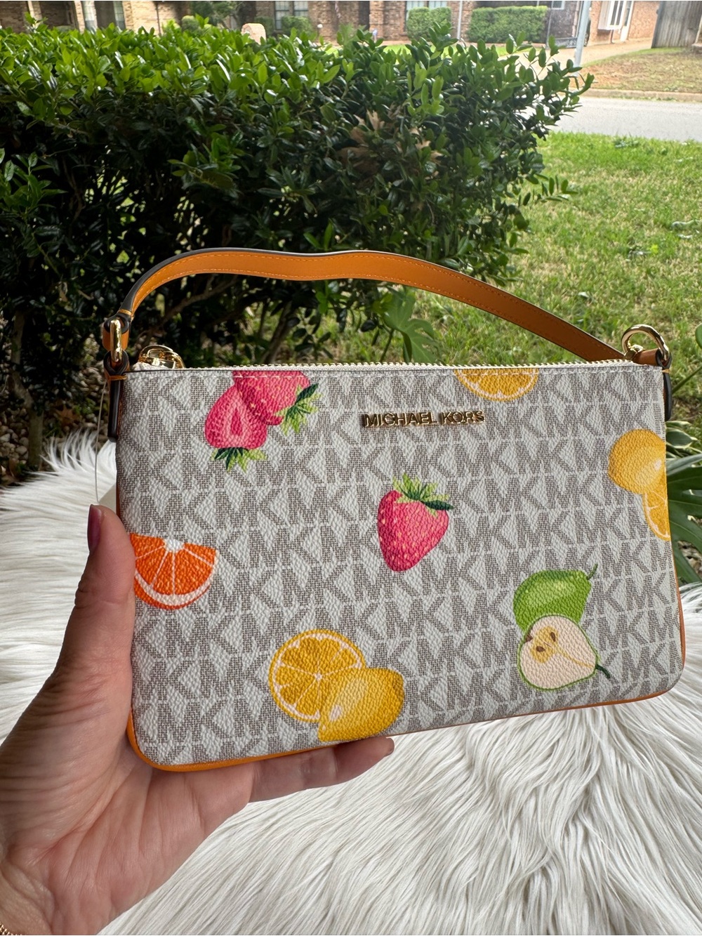 Michael Kors White Logo Wristlet with Fruit Print and Yellow Trim